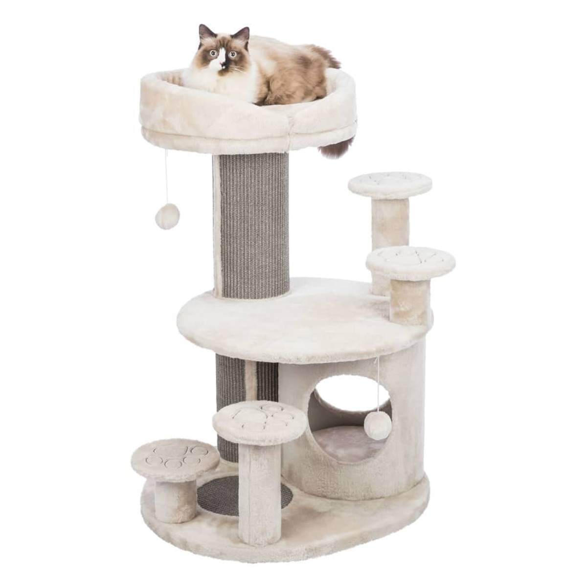 Un albero per gatti con più piattaforme. Un gatto è seduto sulla piattaforma superiore.