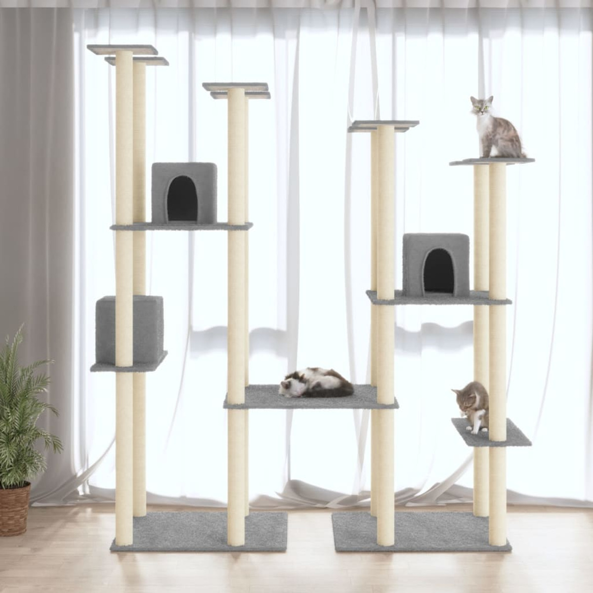 Katzenbäume mit Katzen, beige und grau, vor einem Fenster mit Vorhängen.