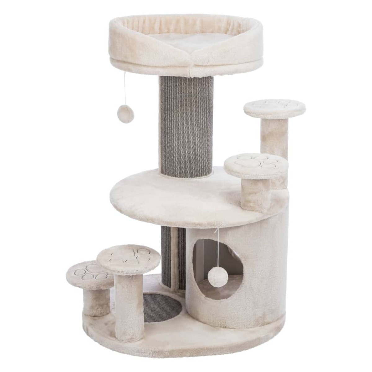 Albero per gatti con più livelli, un letto rotondo e tiragraffi. È color crema.