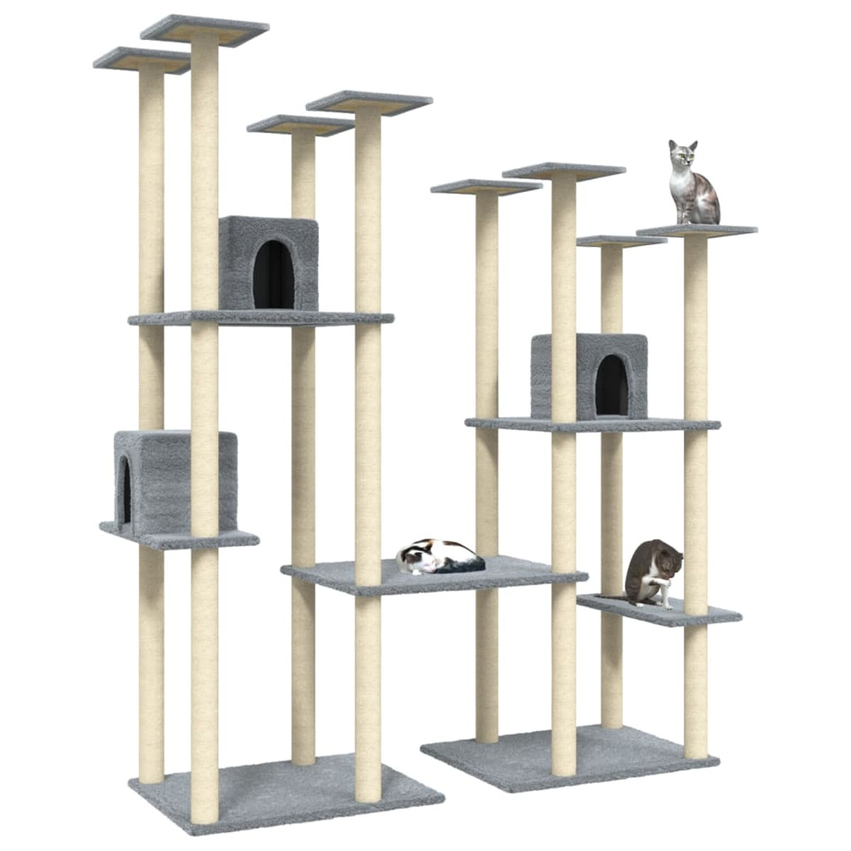 Mehrere Kratzbäume mit Katzen darauf. Beige und graue Farben sind vorhanden.