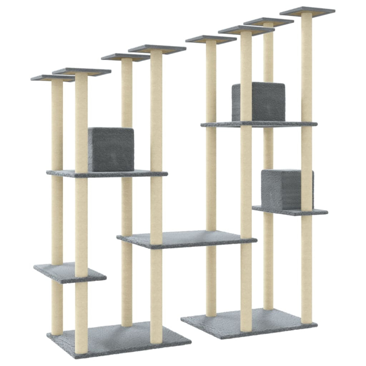 Ein Katzenbaum mit mehreren Ebenen, Plattformen und Kratzbäumen. Er hat eine neutrale Farbgebung.