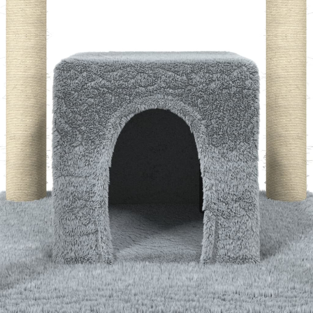 Ein grauer Katzenbaum mit Höhle, zwei Pfosten und einer Kunstfellstruktur.