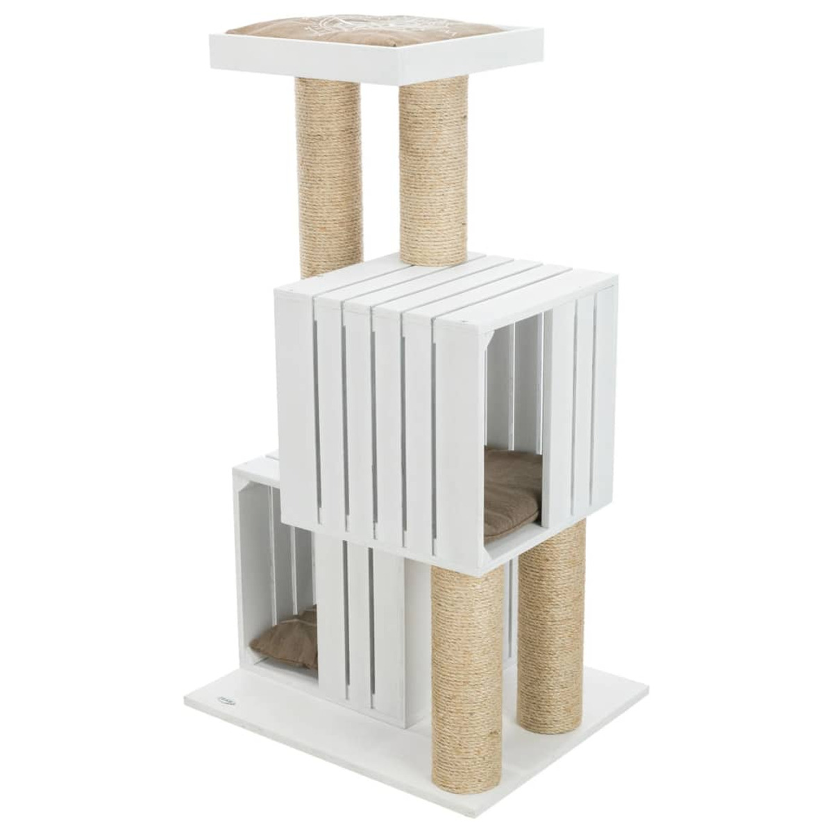 Árbol para gatos blanco con múltiples niveles, plataformas y postes rascadores. Cojines beige.