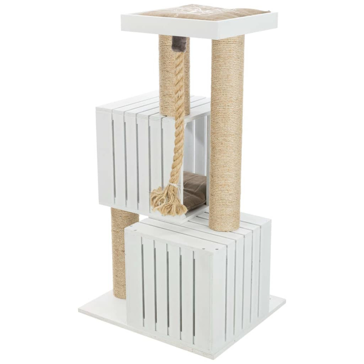 Árbol para gatos blanco con múltiples niveles, una cuerda y una plataforma. El fondo es blanco.