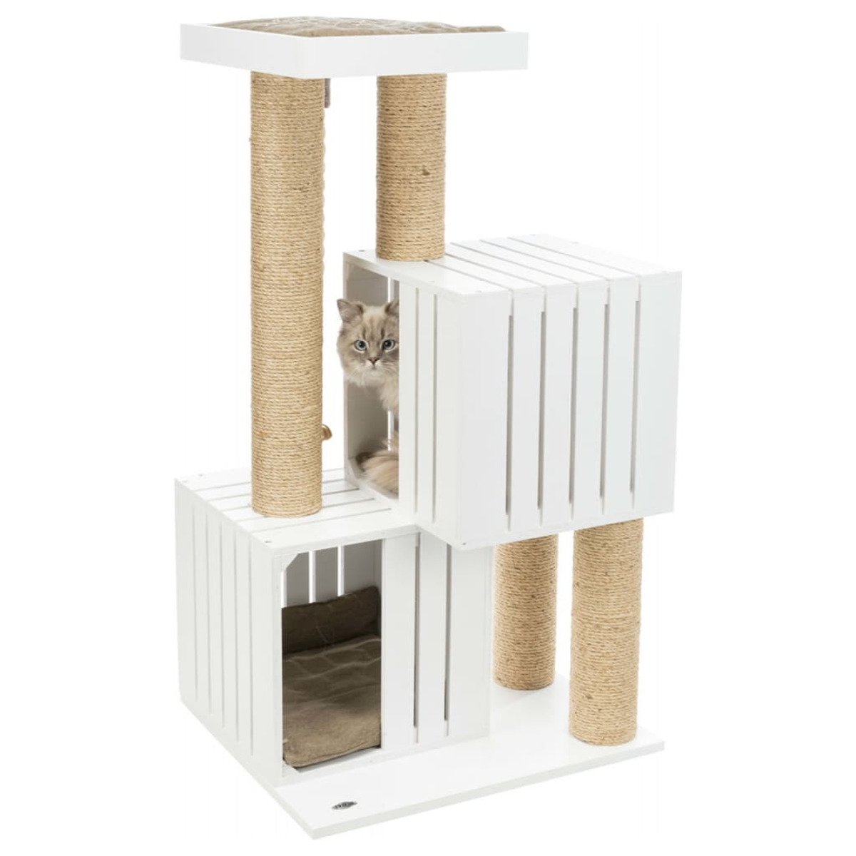 Árbol para gatos con cajas de madera blancas, gato asomándose.