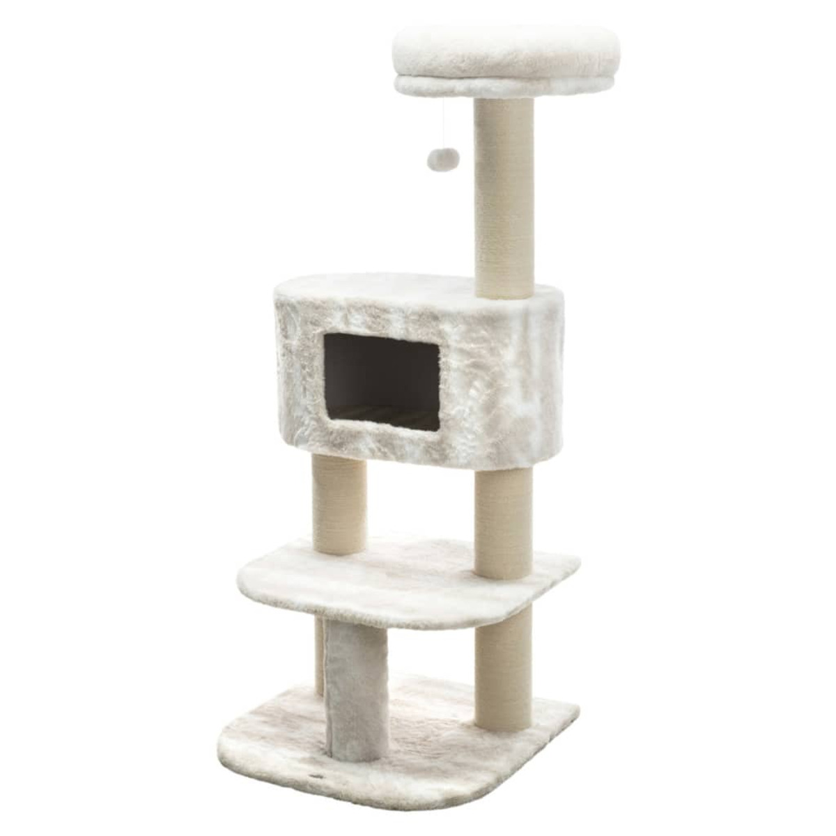 Albero per gatti con più livelli, beige, e un giocattolo pendente. Su sfondo bianco.