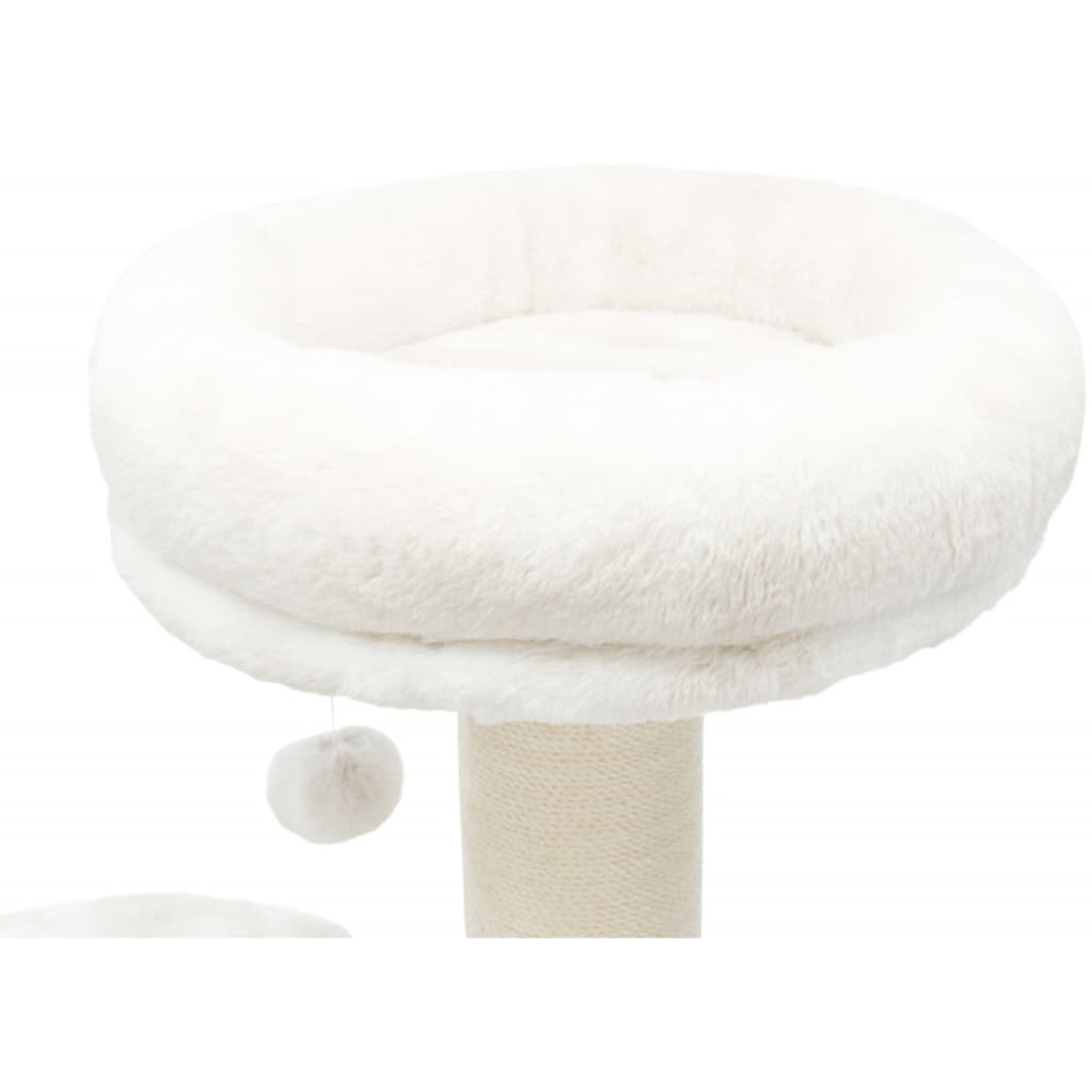 Un primo piano di una piattaforma per gatti con un letto rotondo, bianco e soffice.