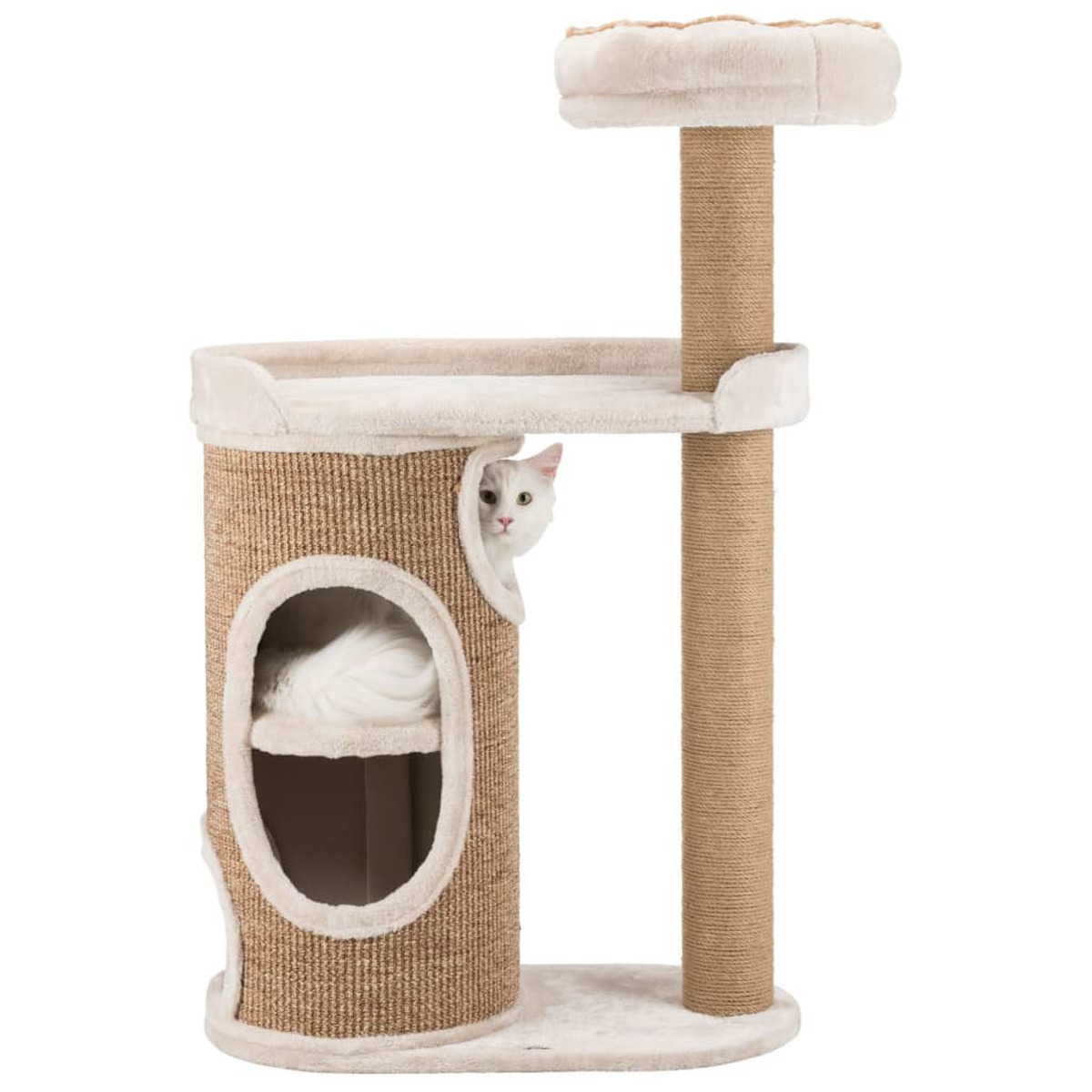 Un gatto bianco che sbuca da un albero per gatti. L'albero ha più livelli ed è beige.