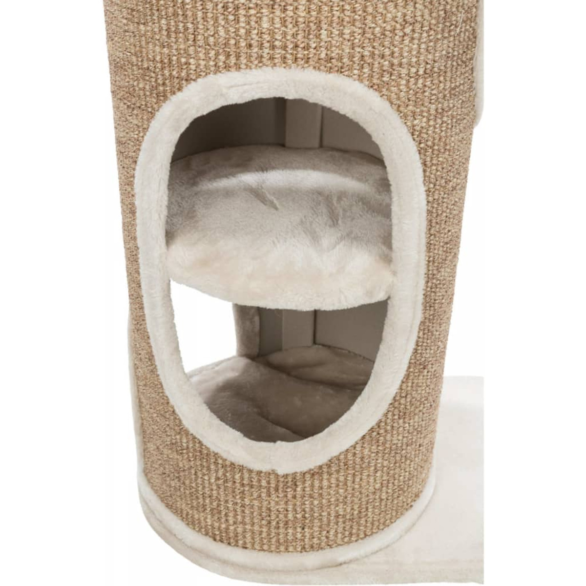 Albero per gatti con trama beige, fori e inserti letto color crema.