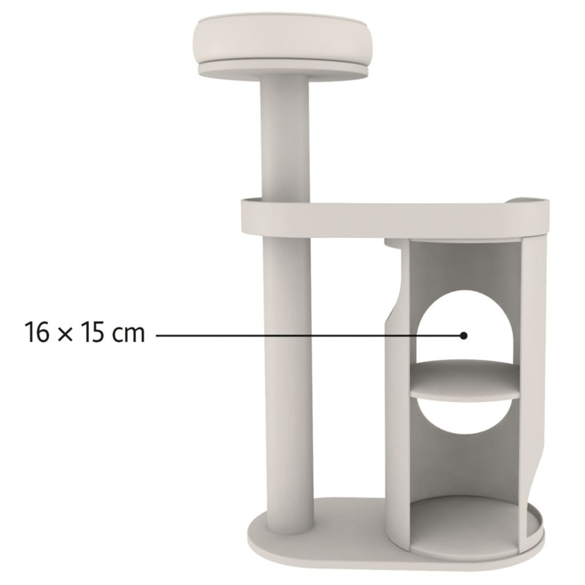 Albero per gatti bianco con trespolo superiore, apertura laterale, ripiano e base, con misure.