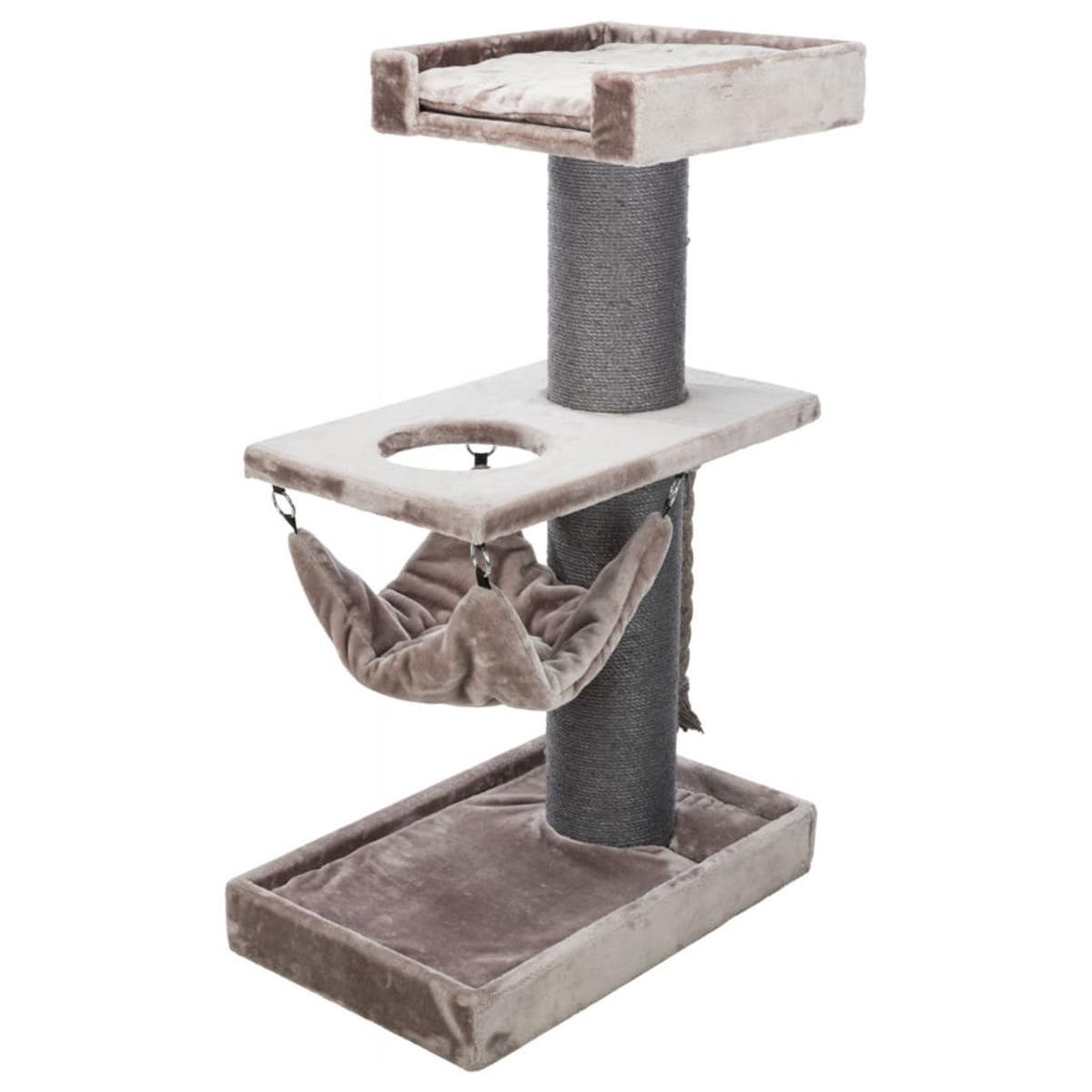 Un rascador para gatos con dimensiones, una bola y una base.