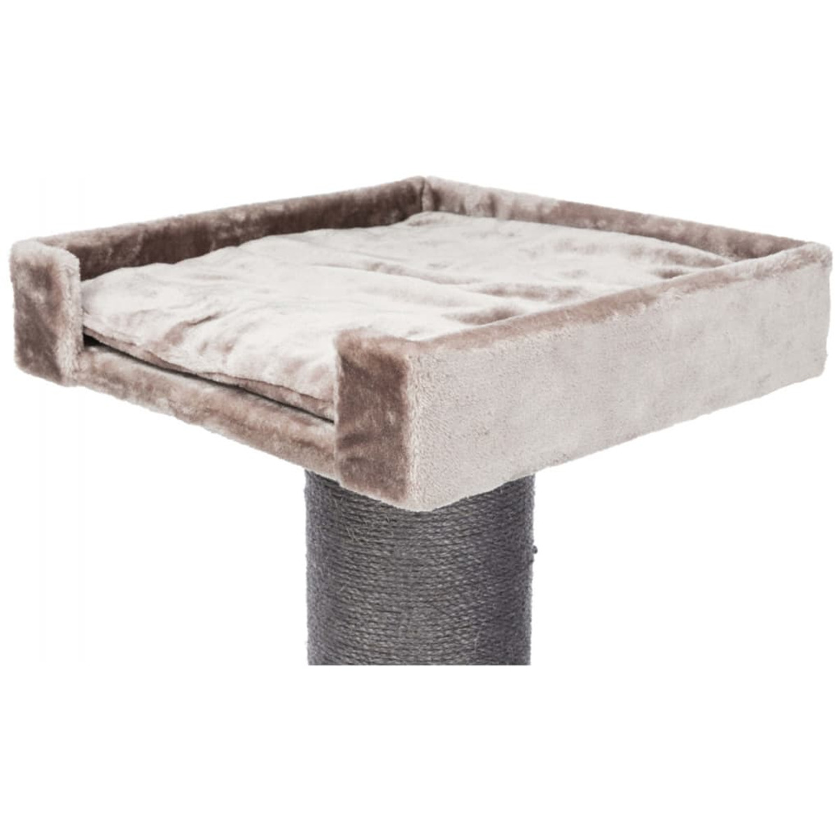 Parte superior de árbol para gatos con cama gris. La cama tiene una textura suave y está sobre un poste.