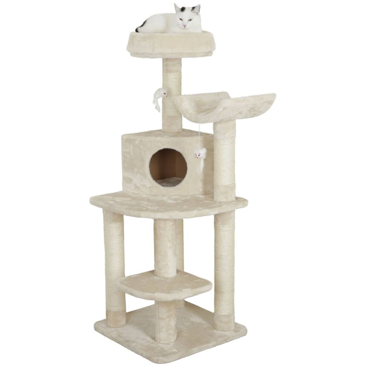 Beiger Katzenbaum mit einer weißen Katze oben. Er hat mehrere Plattformen und Kratzbäume.
