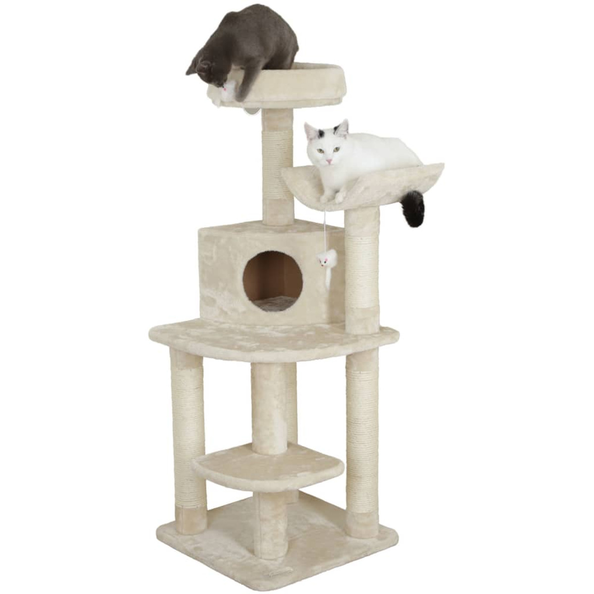 Ein Katzenturm mit zwei Katzen, eine grau, eine weiß, auf verschiedenen Ebenen.