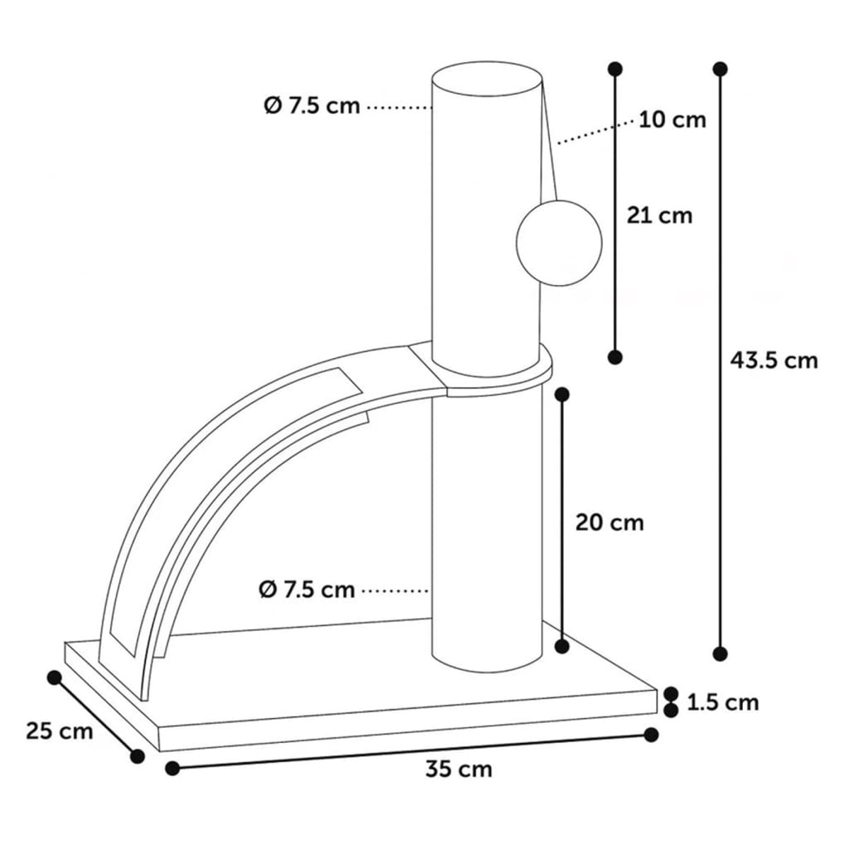 Diagramm eines Kratzbaums mit Abmessungen und Maßen.