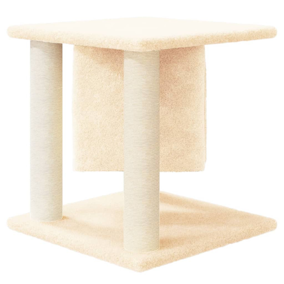 Ein beiger Katzenbaum mit quadratischer Ober- und Unterseite, zwei Pfosten und einem hängenden Rechteck, alles beige.