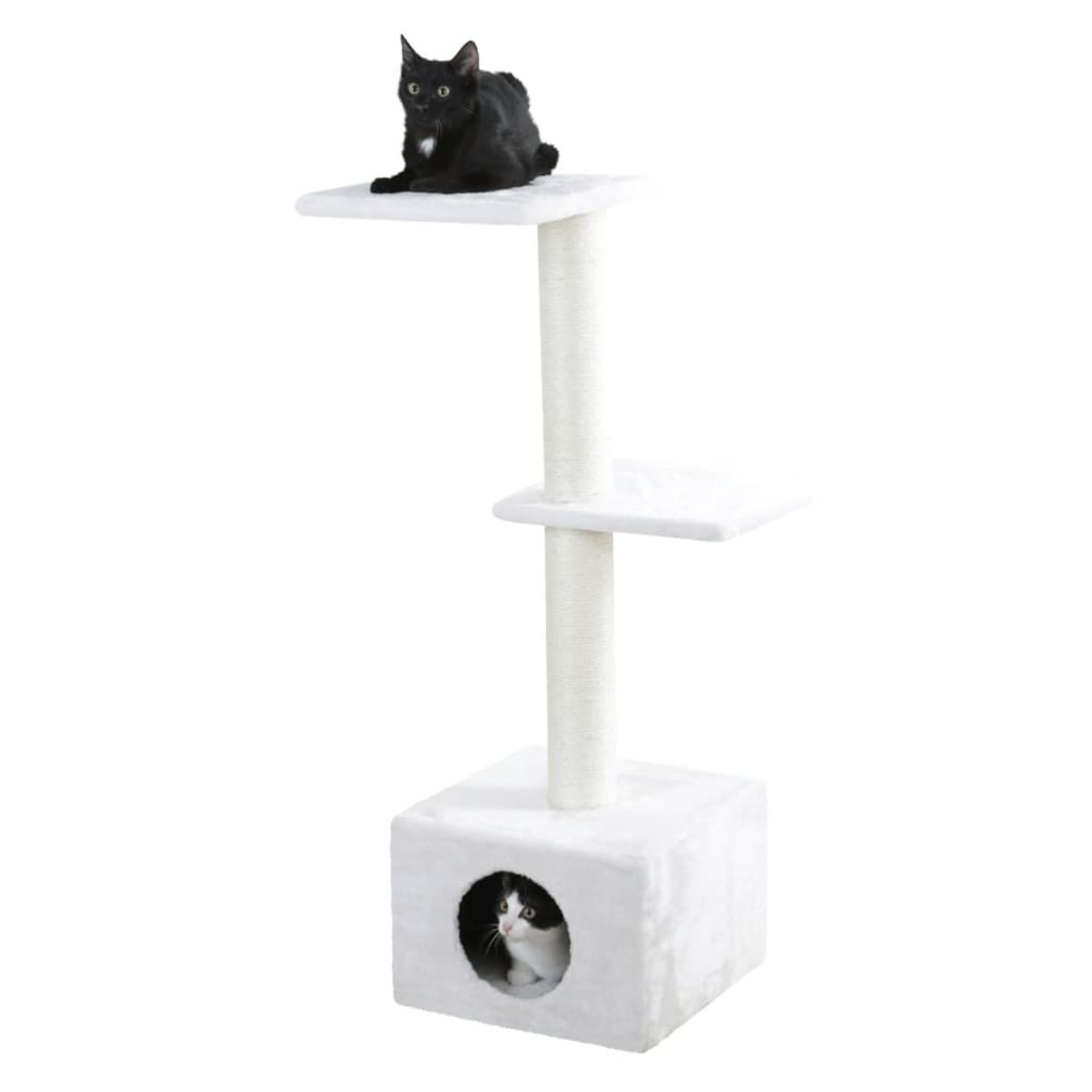 Ein Katzenbaum mit drei Plattformen. Zwei Katzen befinden sich auf den Plattformen.