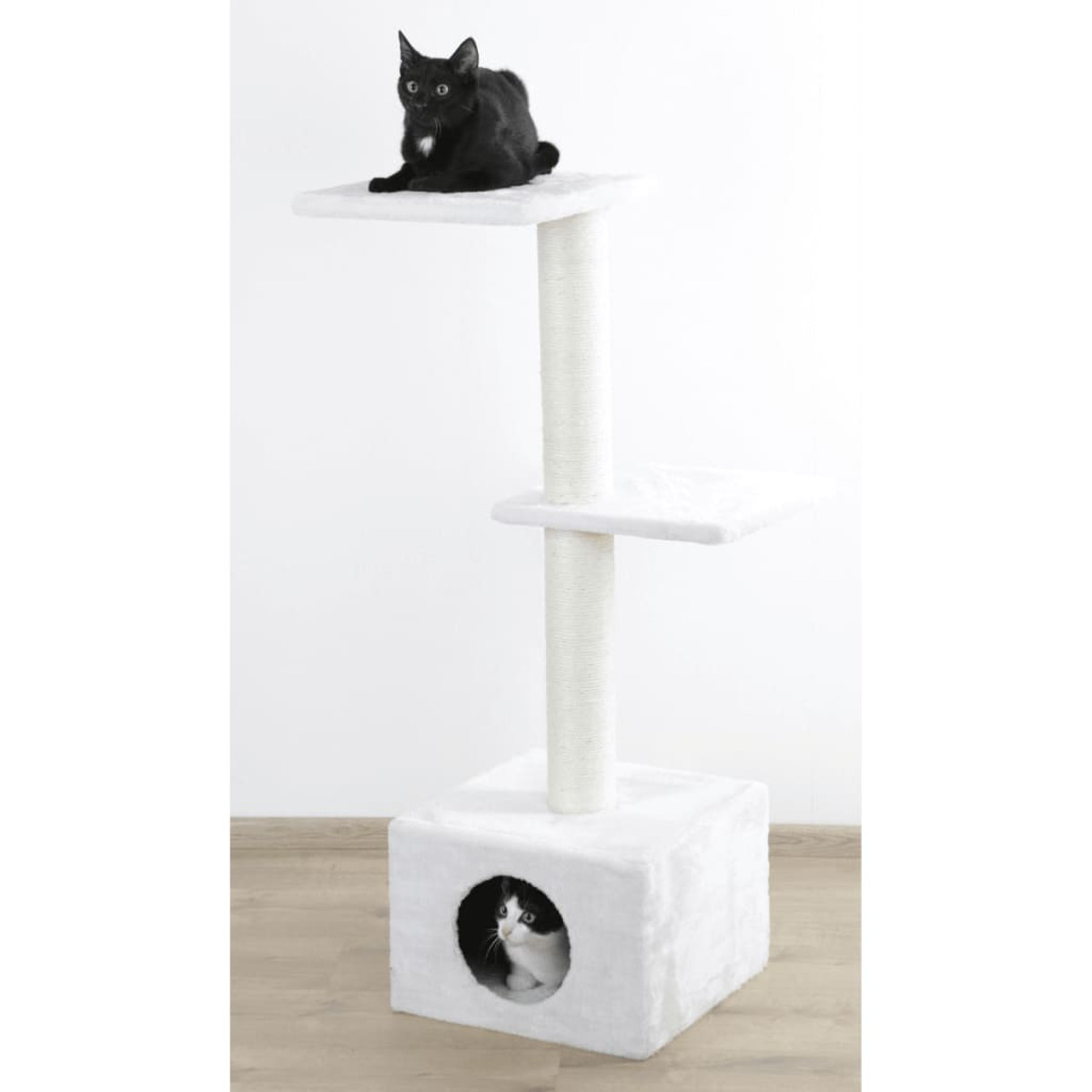 Eine schwarz-weiße Katze auf der obersten Ebene eines weißen Katzenbaums, nach unten blickend.