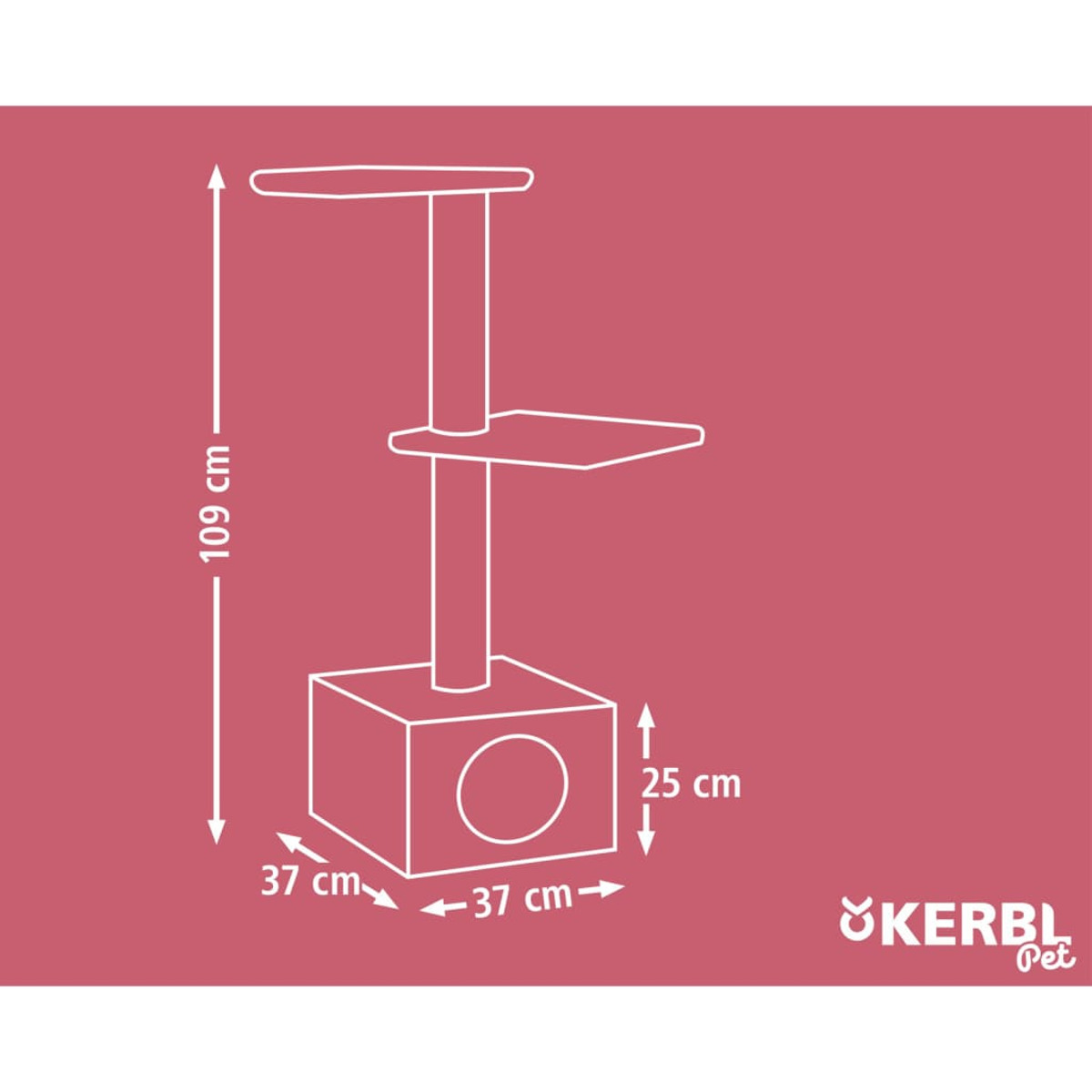 Katzbaum-Diagramm. Weiße Linien auf rosa Hintergrund. Abmessungen sind beschriftet.