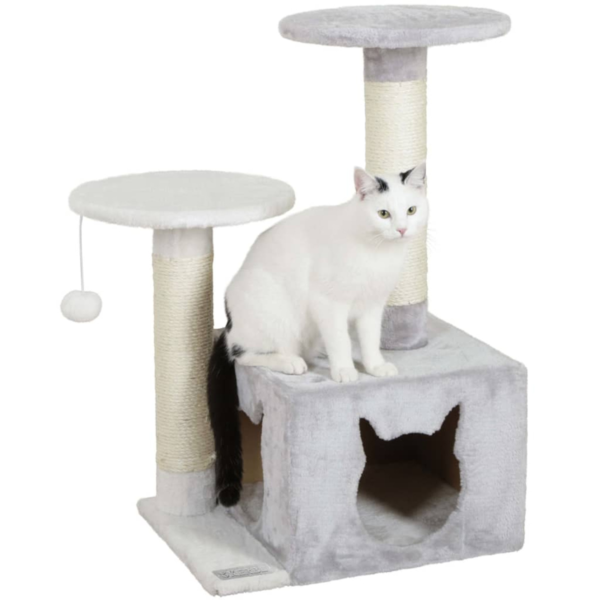 Katzenbaum mit einer weißen Katze. Verfügt über ein graues Haus, Plattformen und Kratzbäume.
