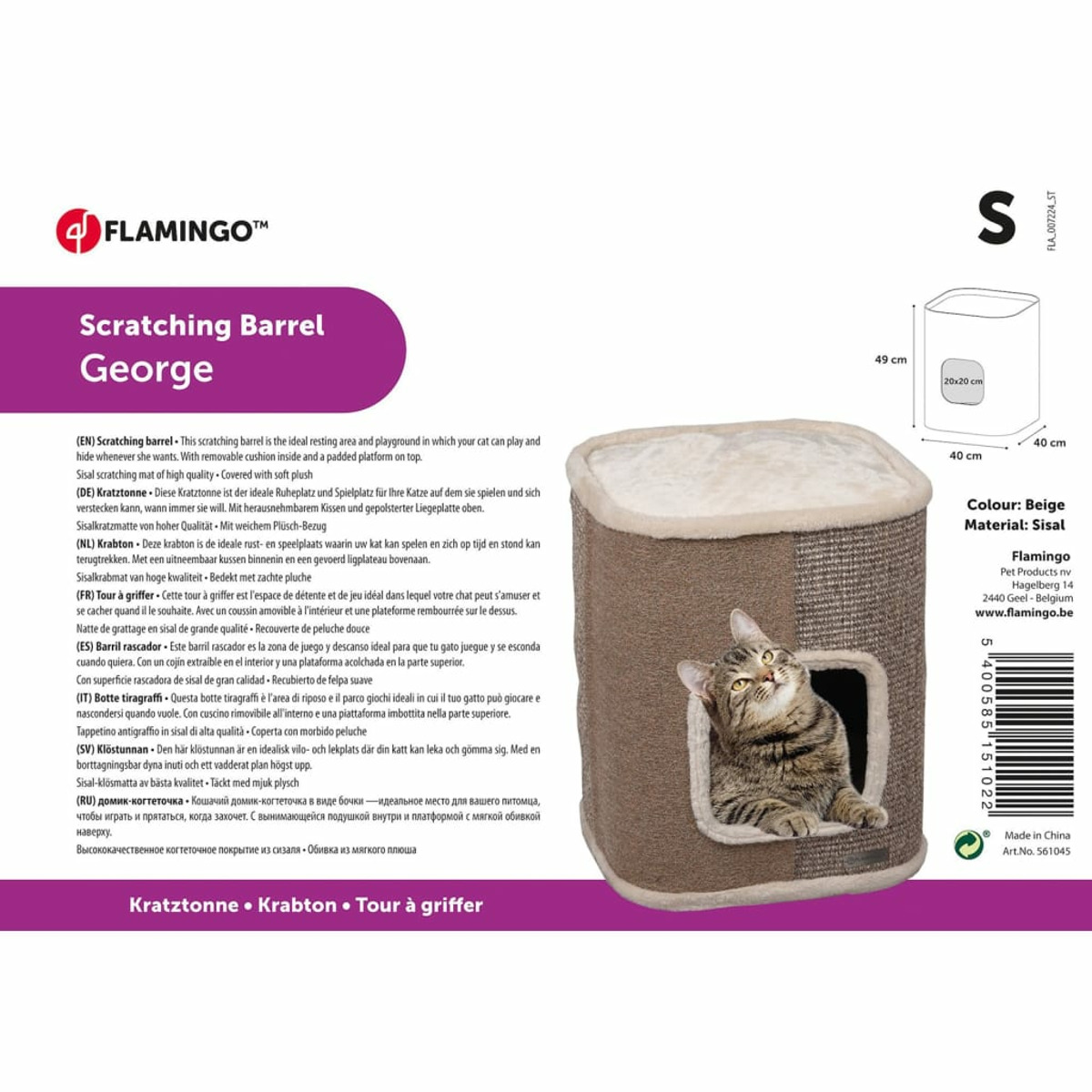 Kratztonne mit Katze. Produktverpackung mit Text und Katzenbildern. Sisal-Material.