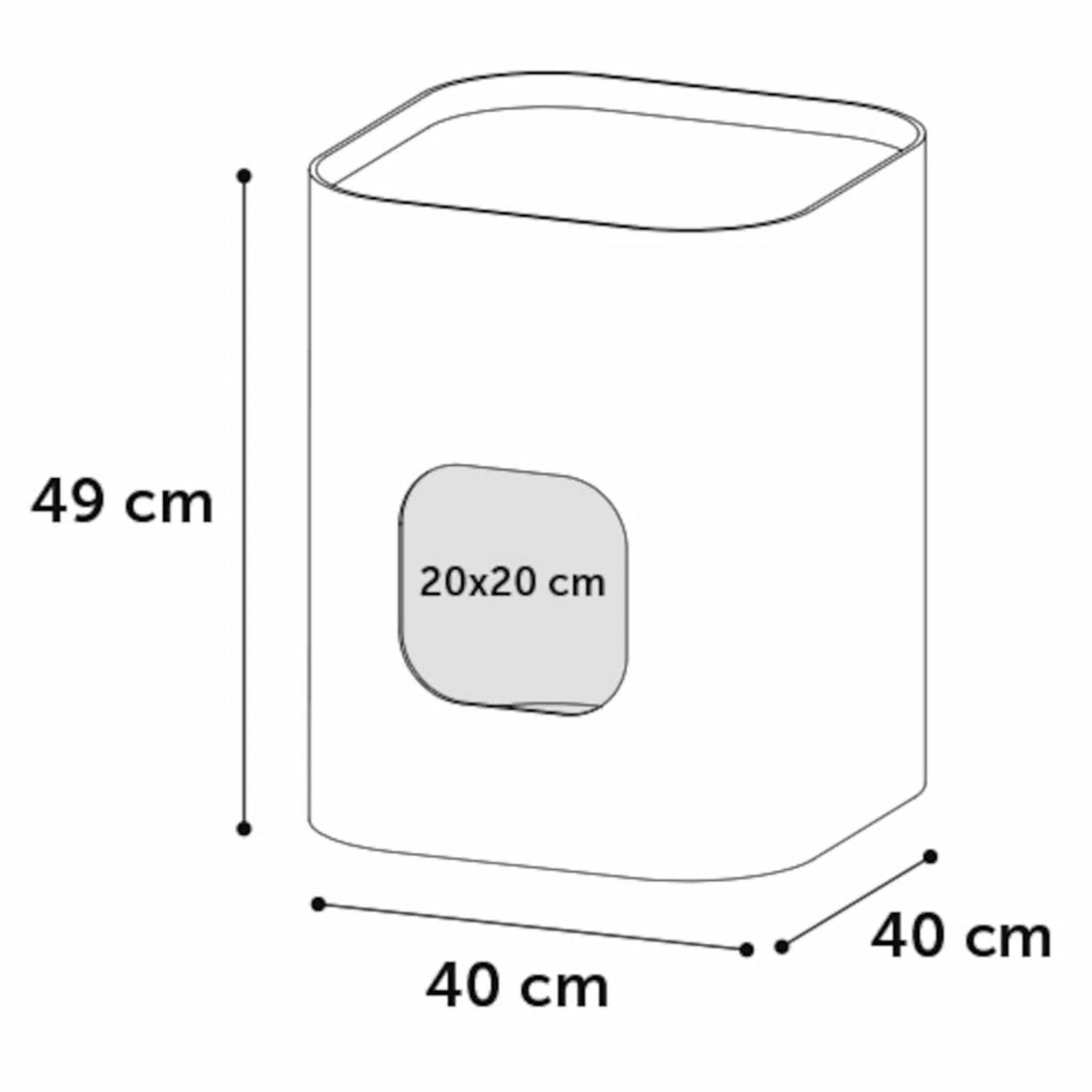 Weiße Box mit den Maßen 40x40x49 cm, mit einem Fenster von 20x20 cm.