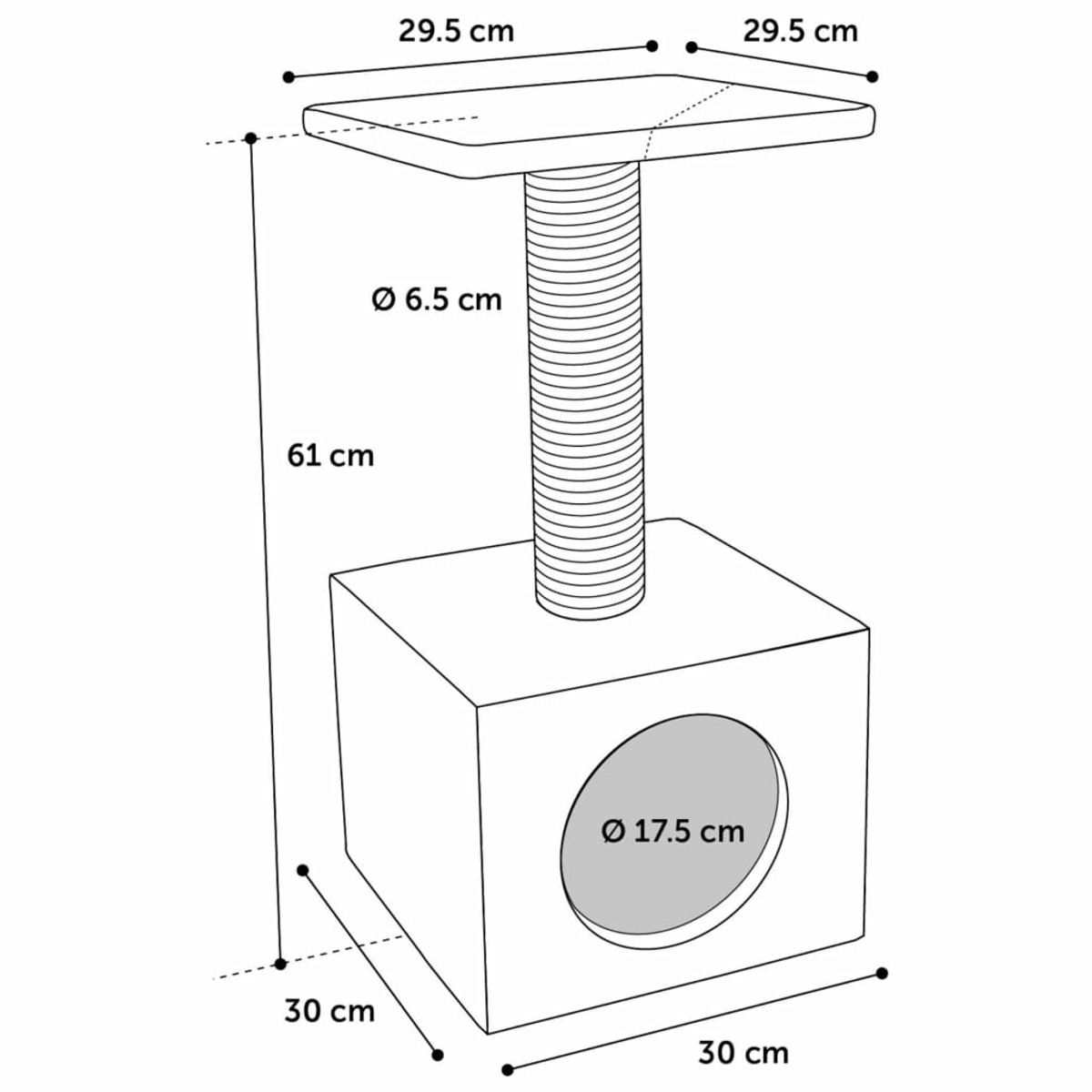 Diagramm eines Kratzbaums mit Maßen. Enthält eine quadratische Basis, Kratzpfosten und Plattform.