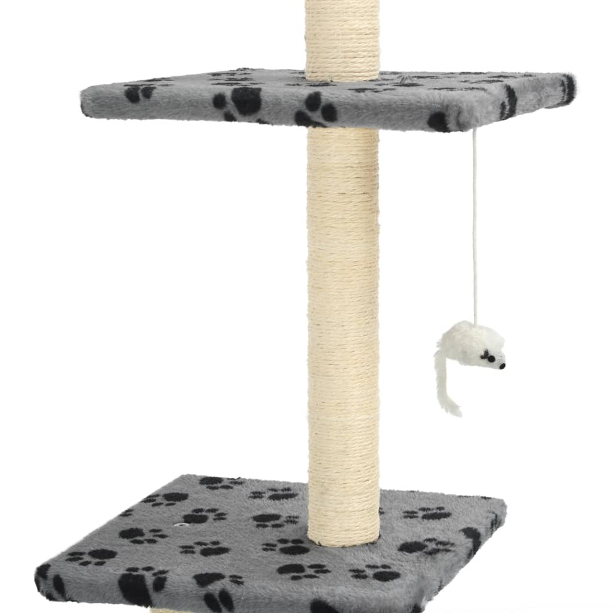 Kratzbaum mit grauen Plattformen, Pfotenabdrücken, einem Kratzpfosten und einer hängenden Spielzeugmaus.