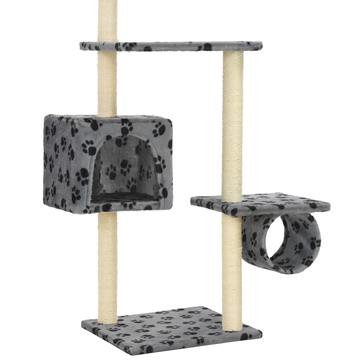 Ein Katzenbaum mit einem Versteck, Plattformen und einer tunnelartigen Struktur. Er hat Pfotenabdruckmuster.