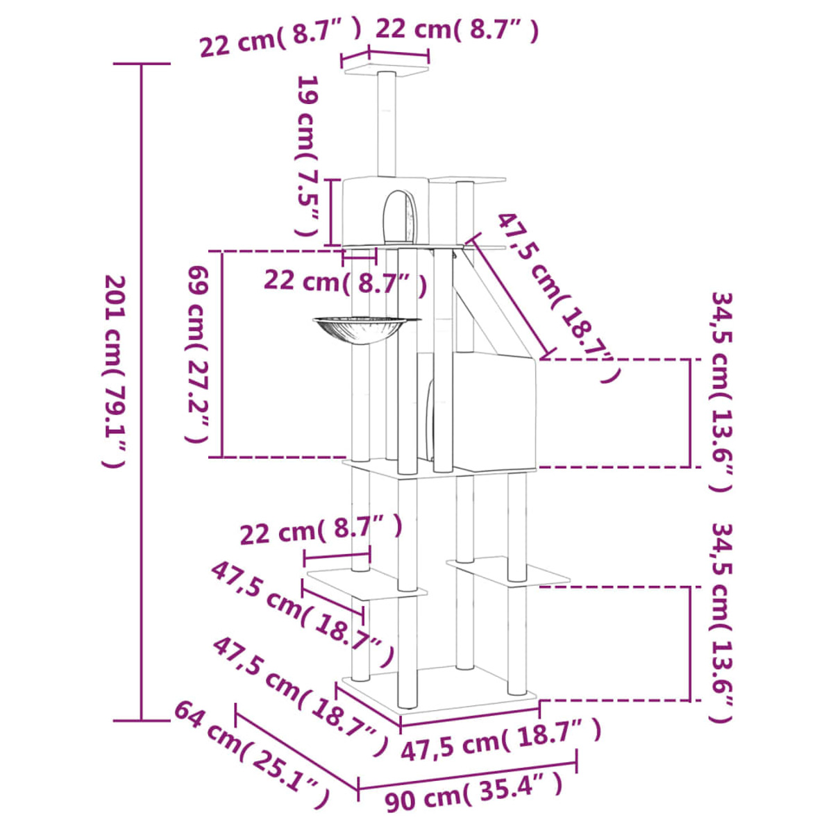 Diagramm eines Katzenbaums mit Abmessungen in cm und Zoll. Weißer Hintergrund.