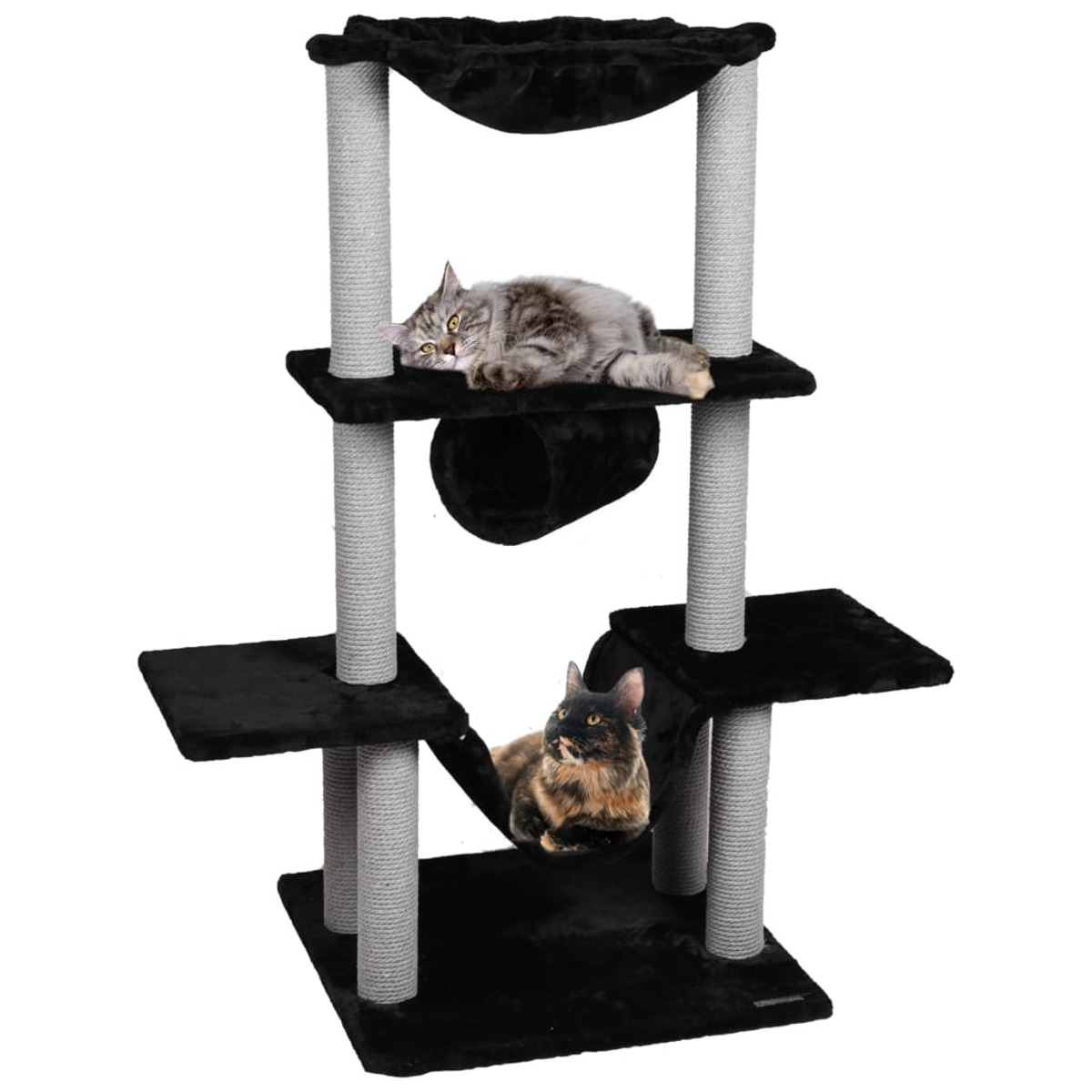 Kratzbaum mit zwei Katzen. Eine oben, eine in der Hängematte. Schwarze und graue Struktur.