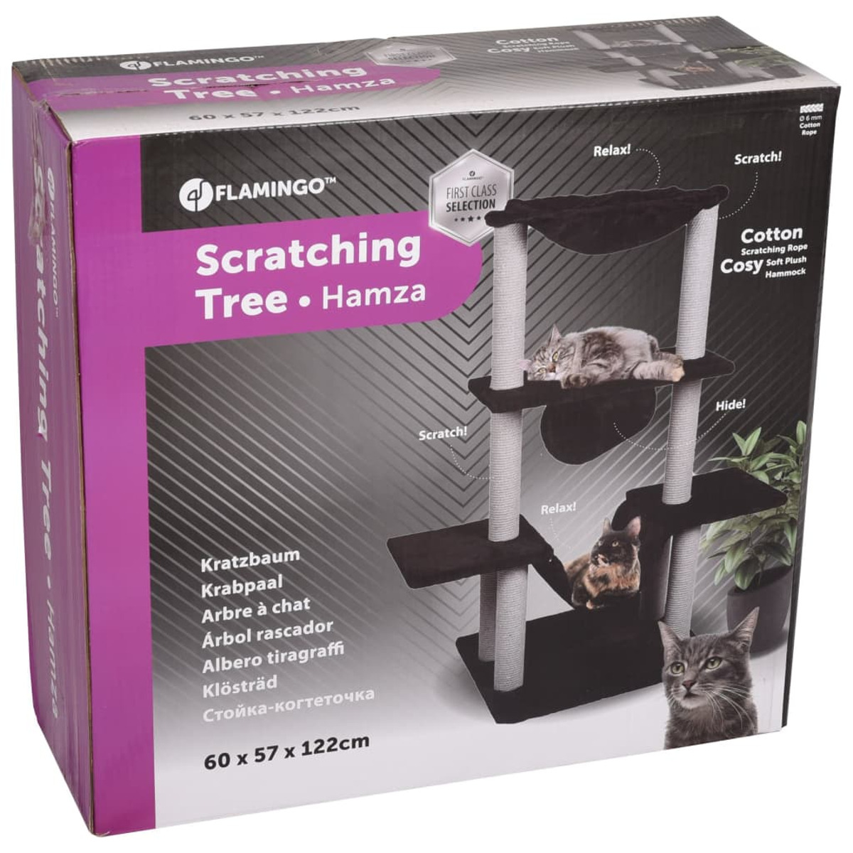 Kratzbaum mit Katzen, die auf verschiedenen Ebenen ruhen. Textbeschriftungen auf der Box.