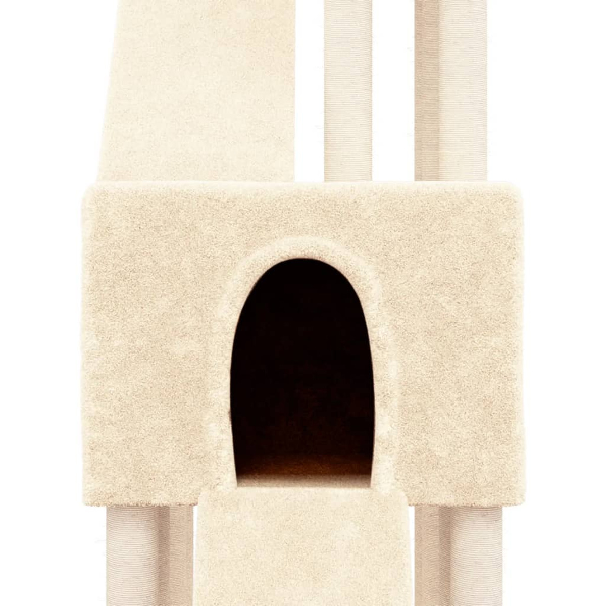 Nahaufnahme eines beigen Katzenbaumwürfels mit Bogeneingang. Weißer Hintergrund.