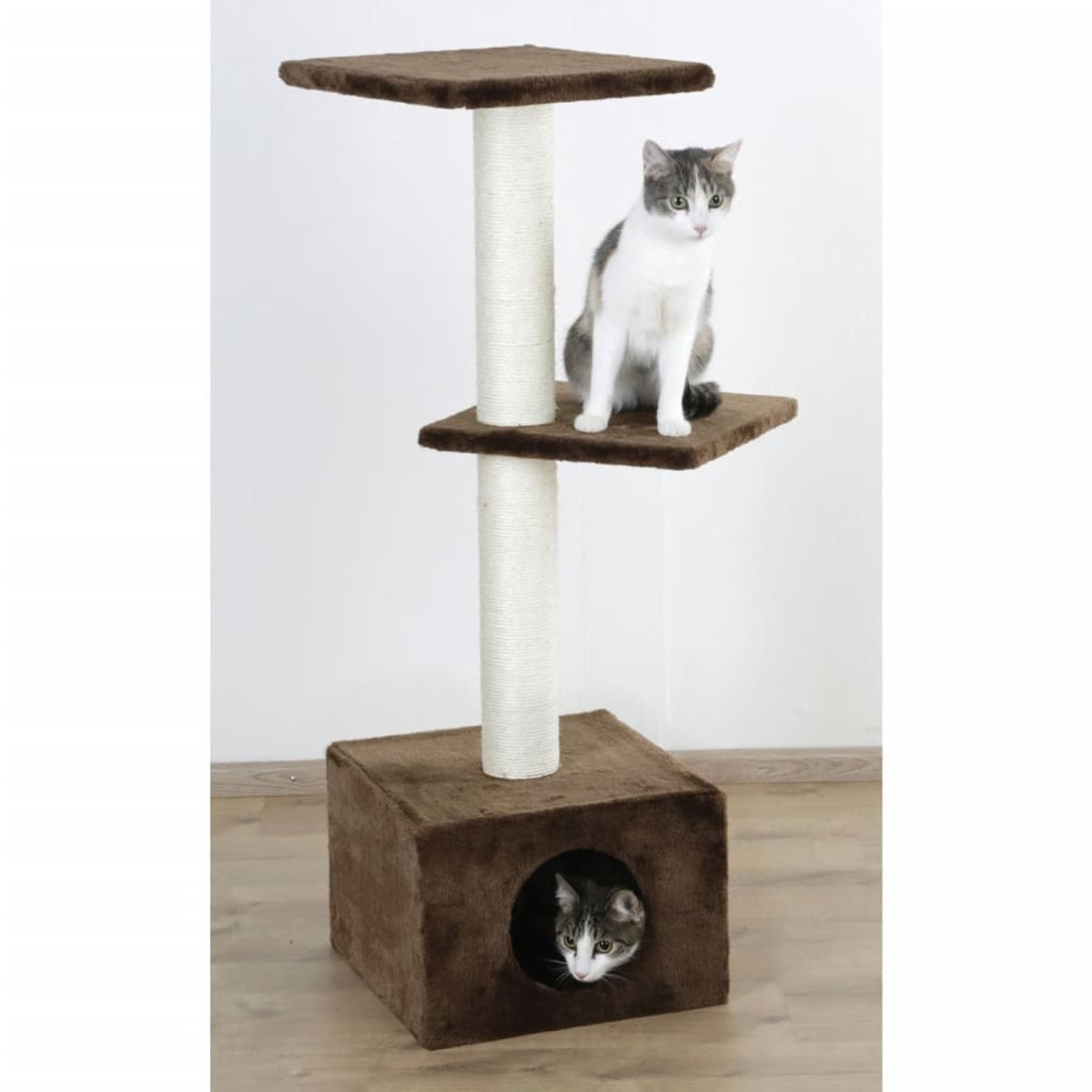 Katzenbaum mit zwei Katzen. Eine sitzt oben, eine in einem Würfel.
