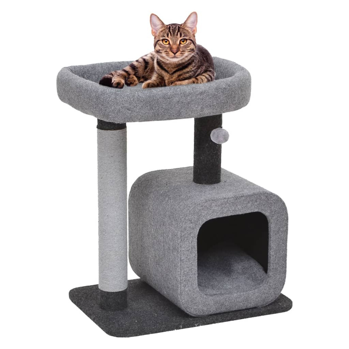 Kratzbaum mit Katze oben, mit grauer Box und Kratzstamm.