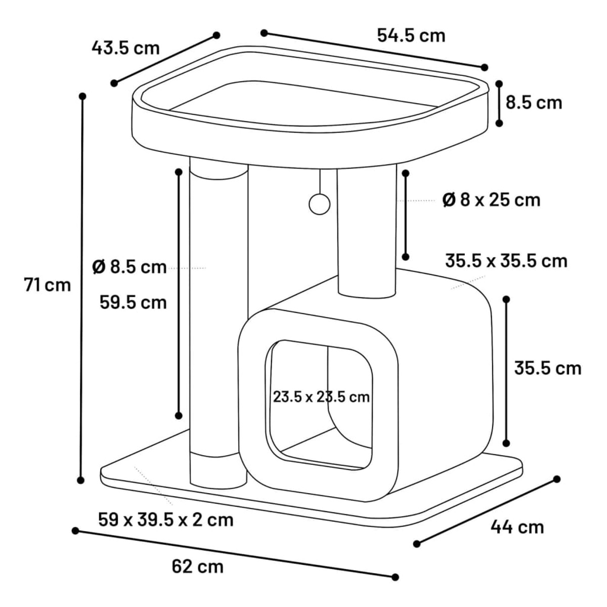 Diagramm eines Katzenbaums. Maße sind angegeben. Die Struktur umfasst ein Bett, Pfosten und eine Basis.