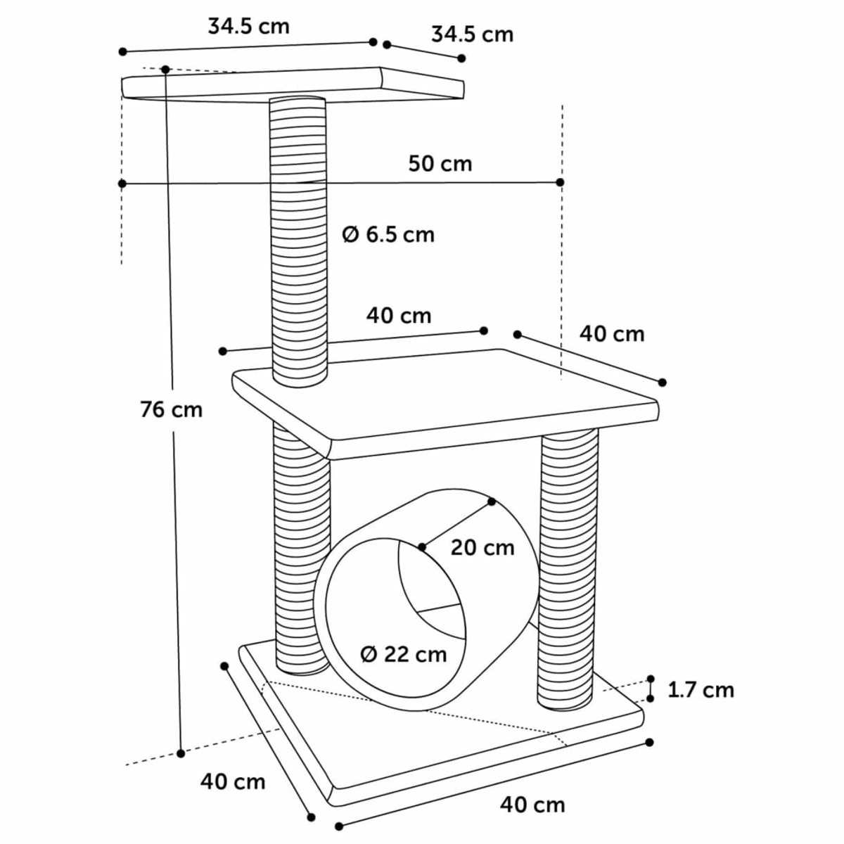 Ein Diagramm eines Katzenbaums mit Abmessungen, Plattformen, einem Tunnel und Kratzpfosten.