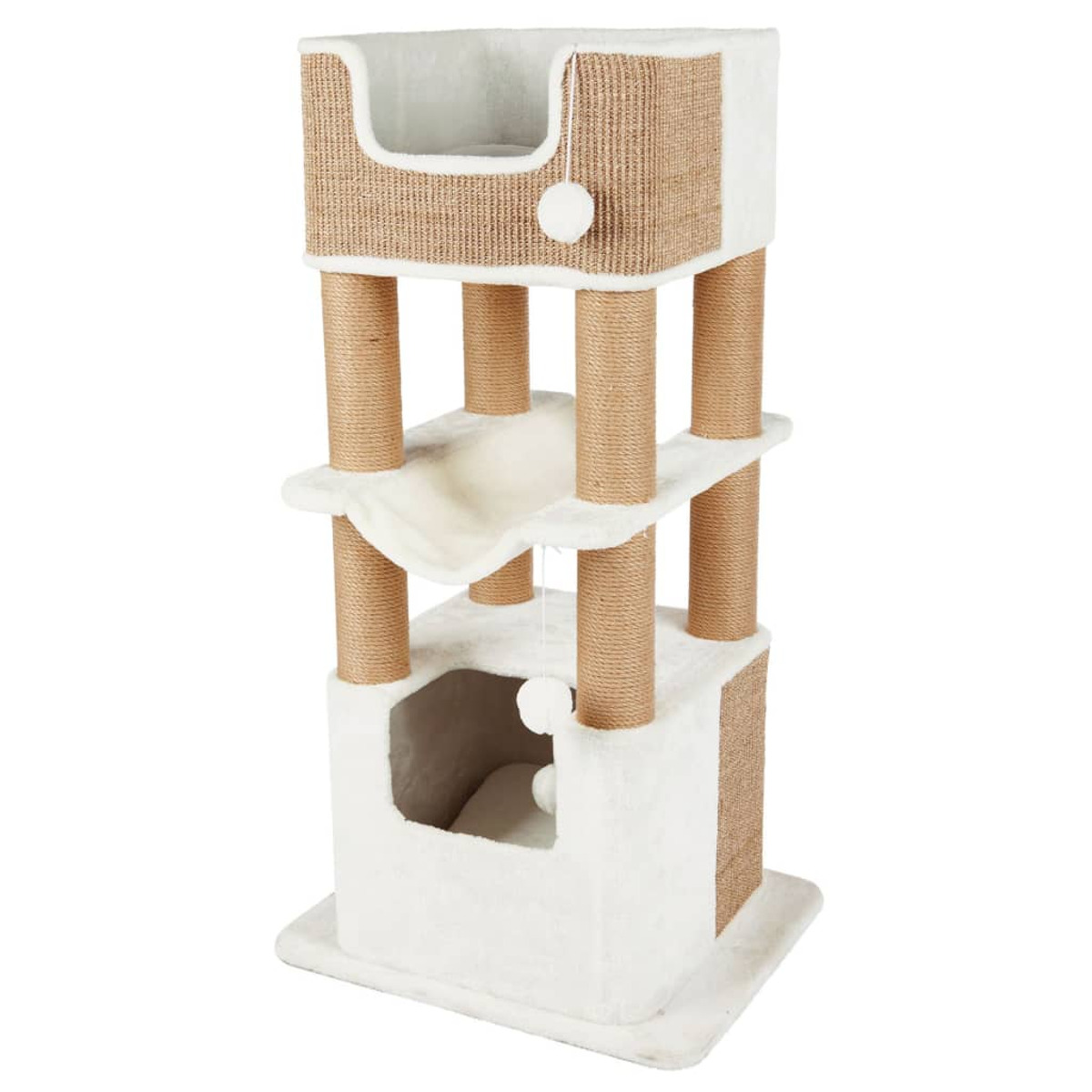 Albero per gatti con più piattaforme e tiragraffi, colori bianco e marrone.