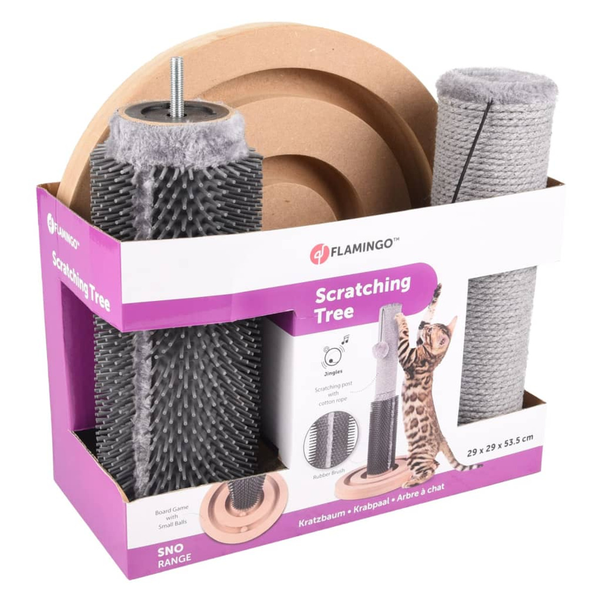 Katzenkratzbaum-Kit in einer Box, mit Katzenbild und Produktdetails.