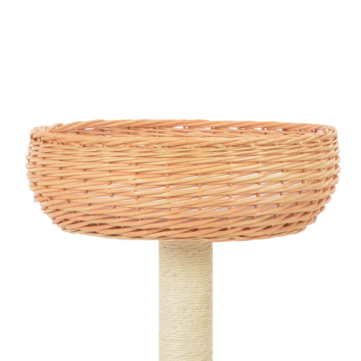 Katzenbaum, oberste Plattform, gewebtes Material, beige Farbe, Pfosten mit Seil, Hintergrund.