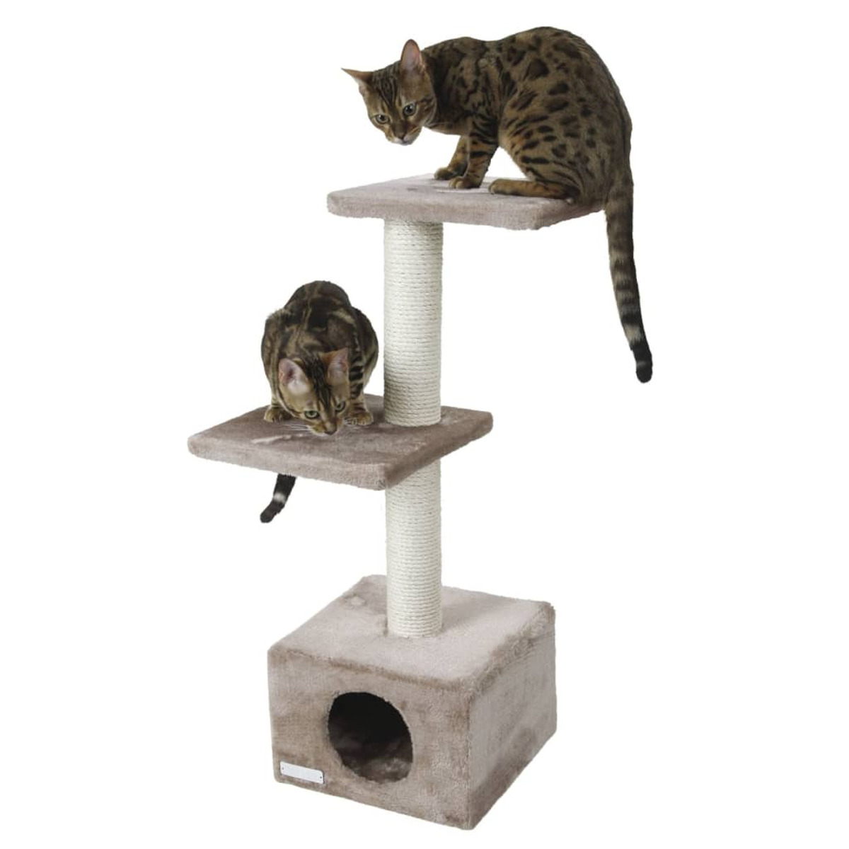 Zwei gefleckte Katzen auf einem mehrstöckigen Katzenbaum. Der Baum ist beige mit Kratzbäumen.