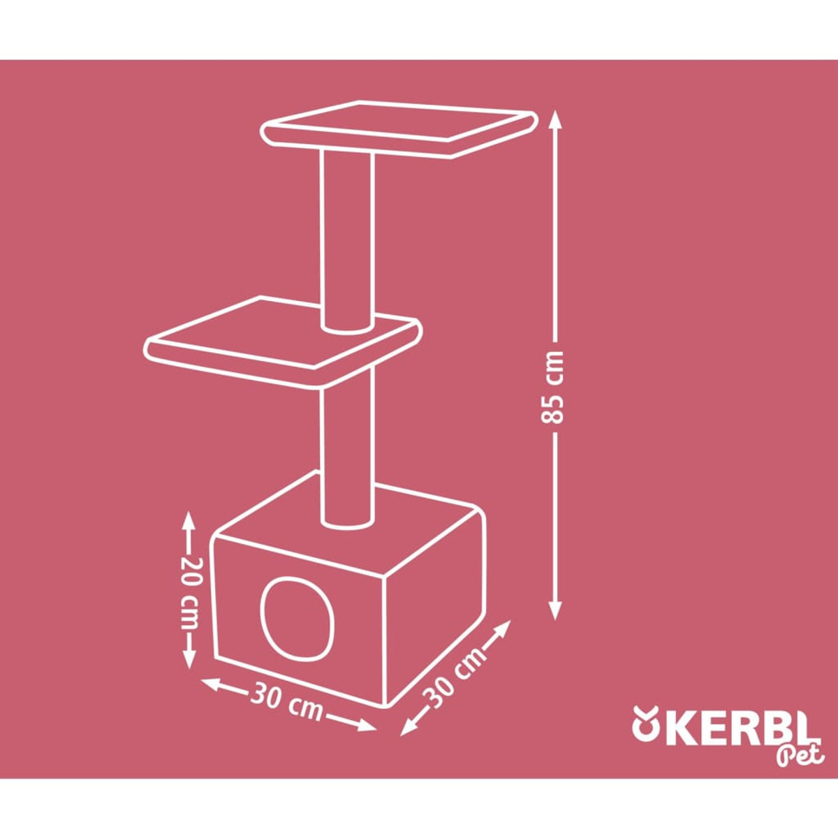 Schema albero per gatti. Sfondo rosso, linee bianche. Dimensioni ed etichette di testo.