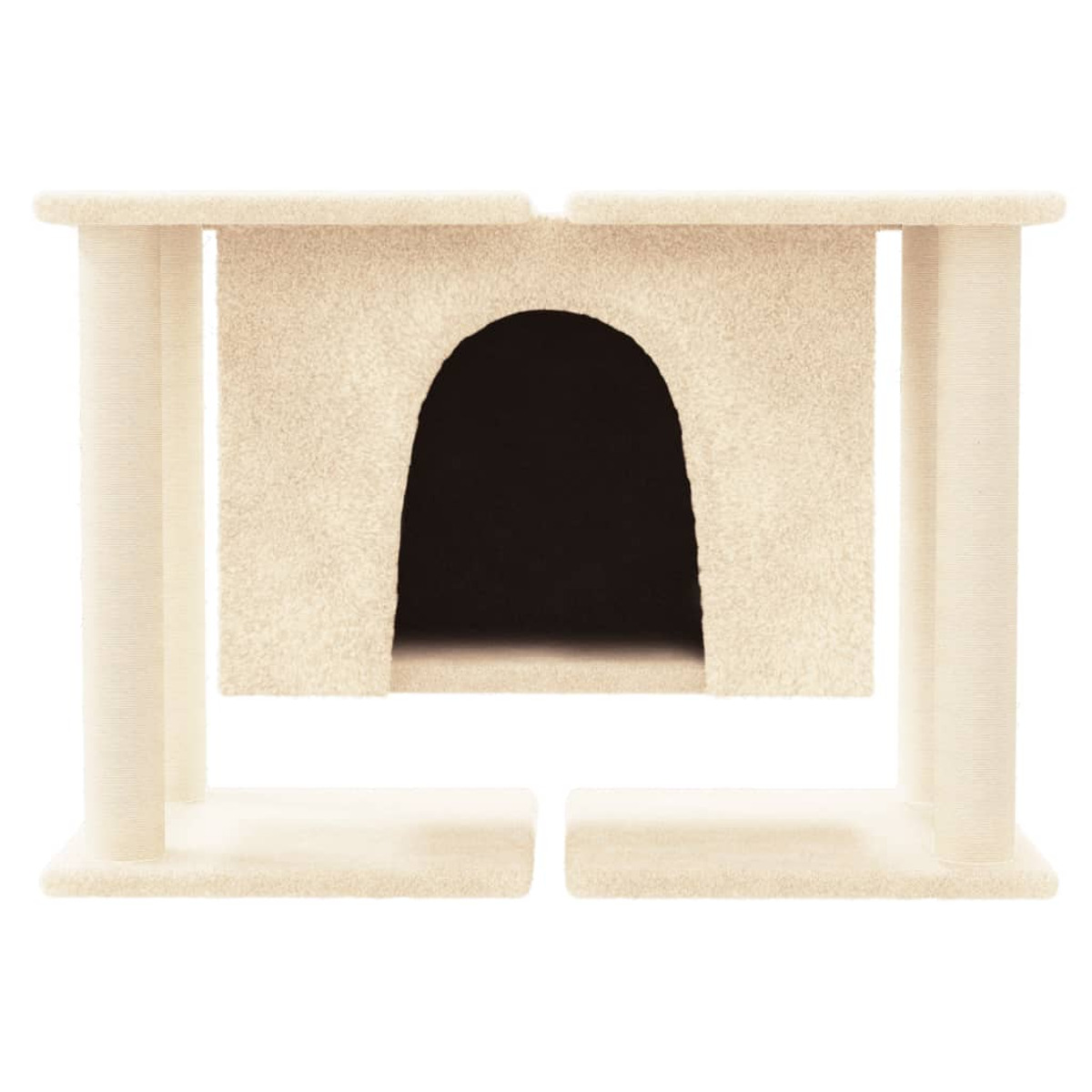 Ein beiger Katzenbaum mit einem Versteck und vier Pfosten, auf weißem Hintergrund.