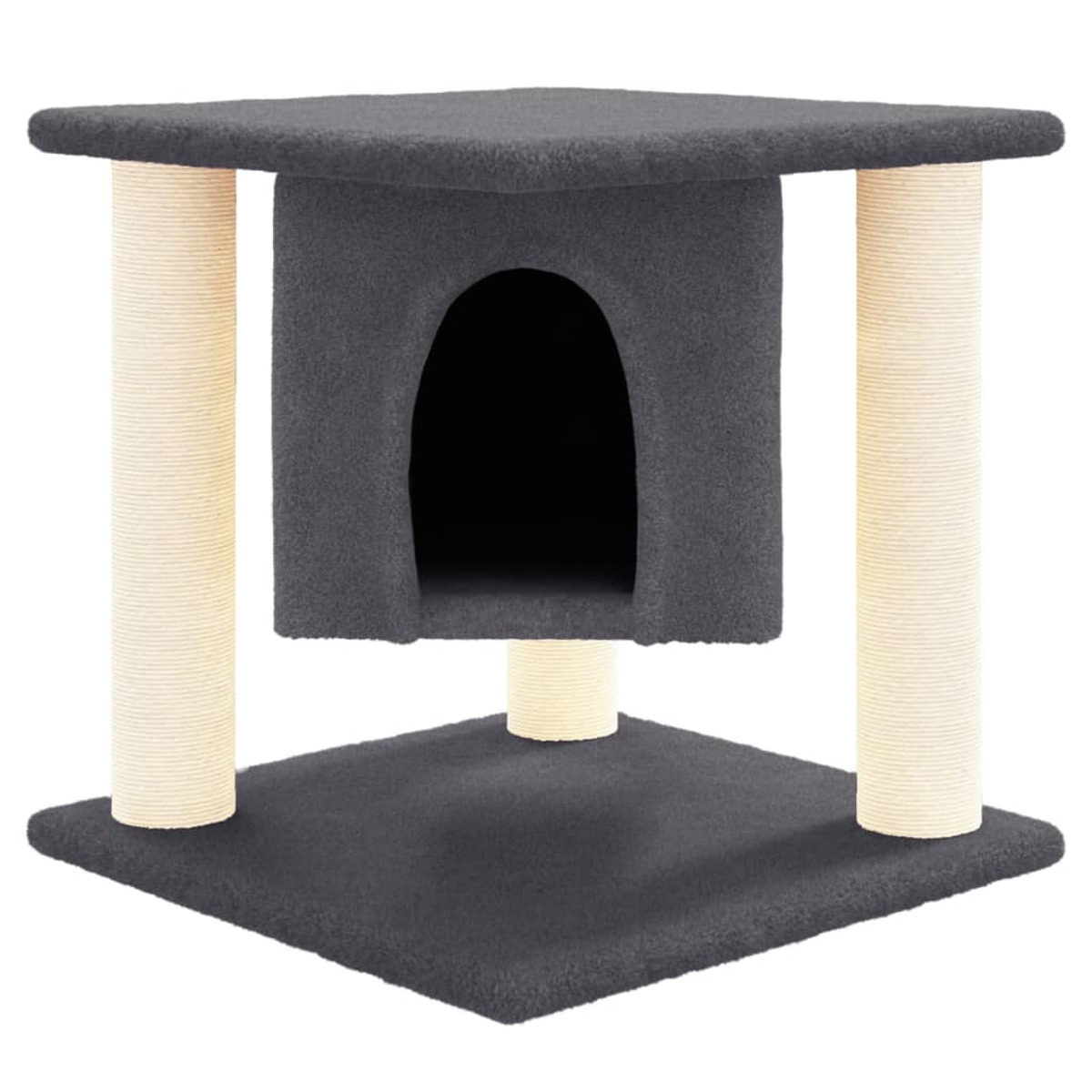 Ein Katzenbaum mit hausartiger Struktur, getragen von beigen Pfosten und einer grauen Basis.