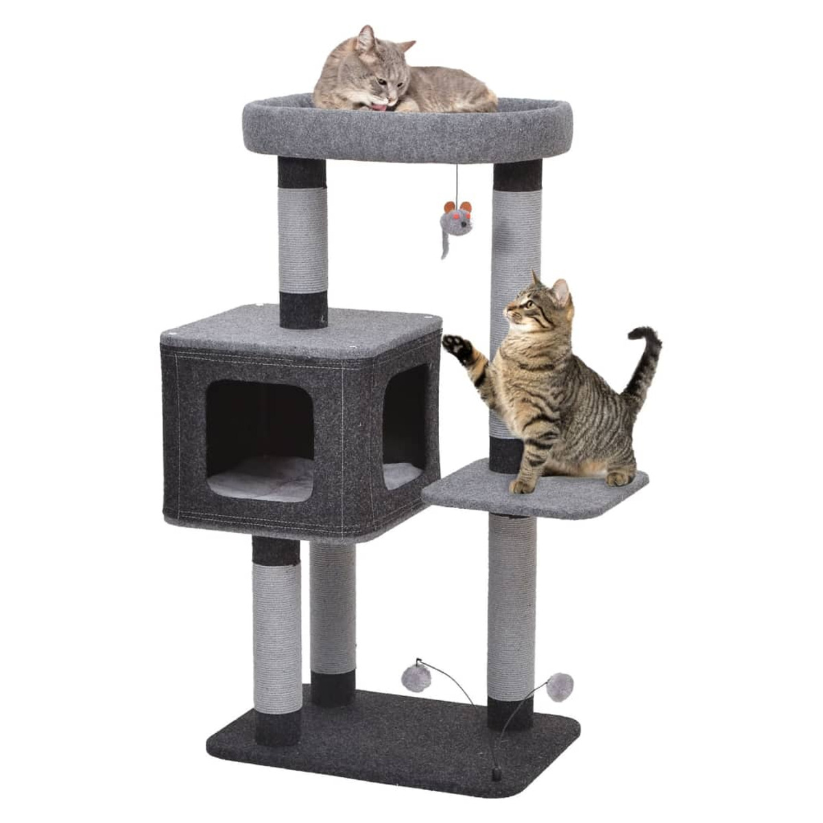 Kratzbaum mit zwei Katzen. Mehrere Ebenen, grau und beige. Eine Katze spielt.