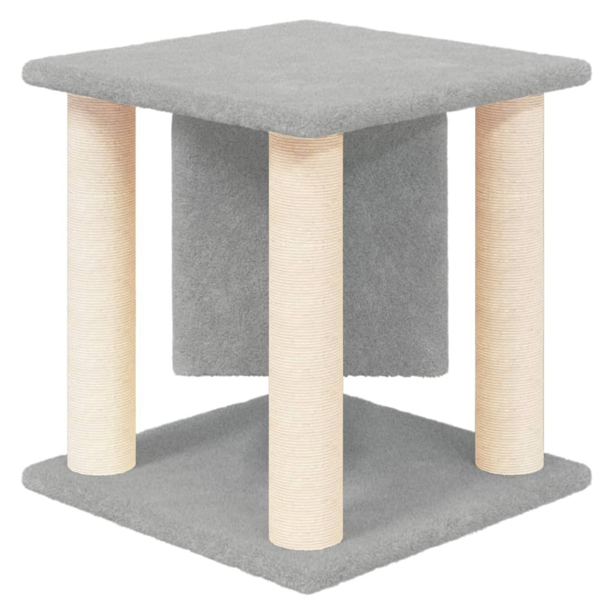 Ein Katzenbaum mit drei Pfosten und einer oberen Plattform. Beige- und Grautöne werden verwendet.