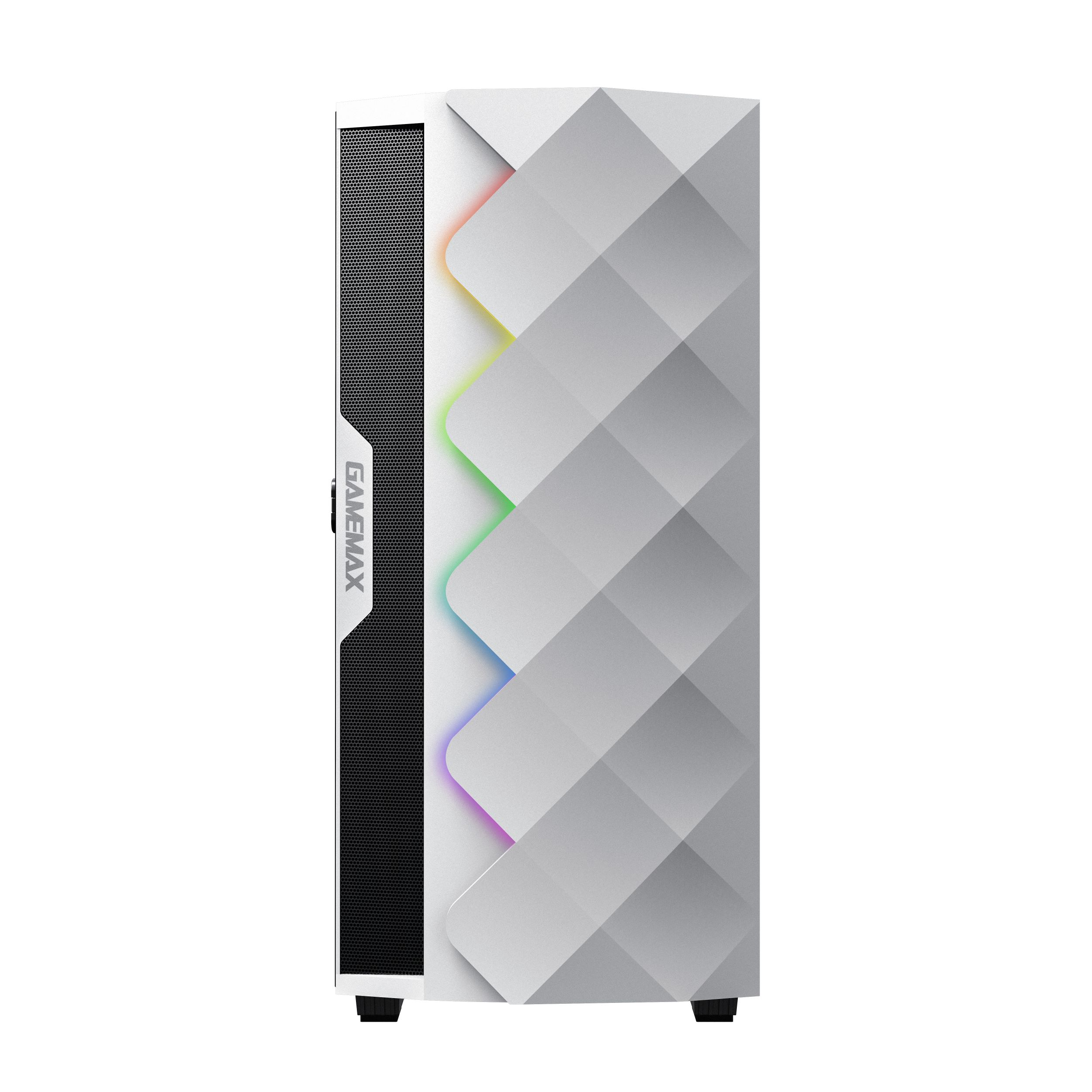 Weißes Computergehäuse mit GAMEMAX-Logo und RGB-Beleuchtung.