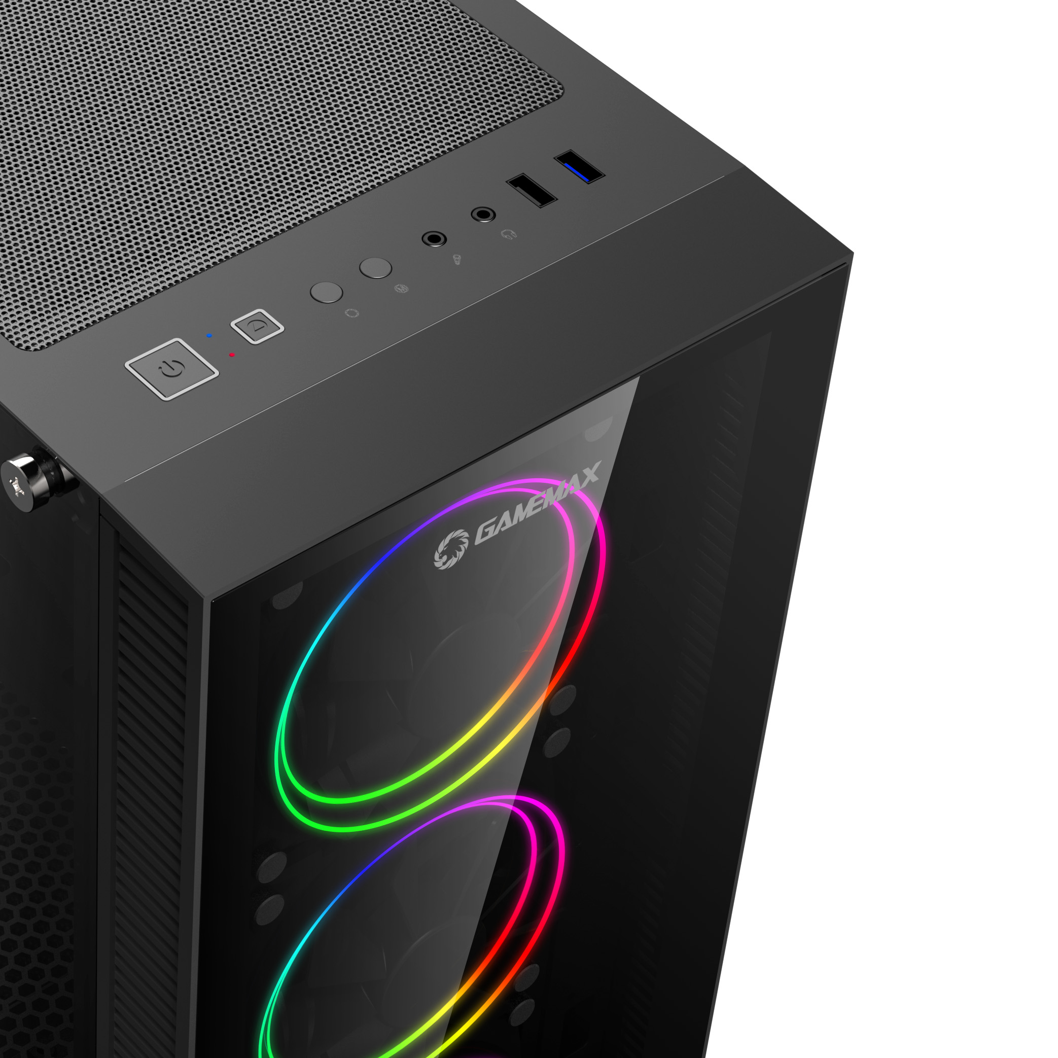 Schwarzes Computergehäuse mit Glas-Seitenwand. Beleuchtete Lüfter und Power-Knöpfe.