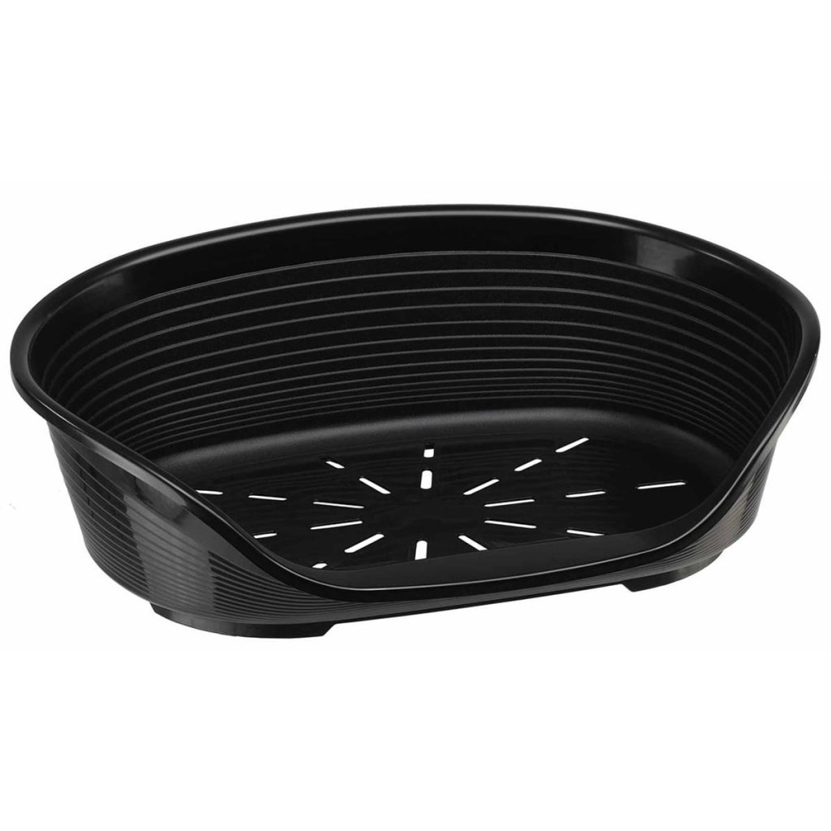 Ein schwarzes, ovales Hundebett mit geripptem Design und Belüftungslöchern, innen leer.