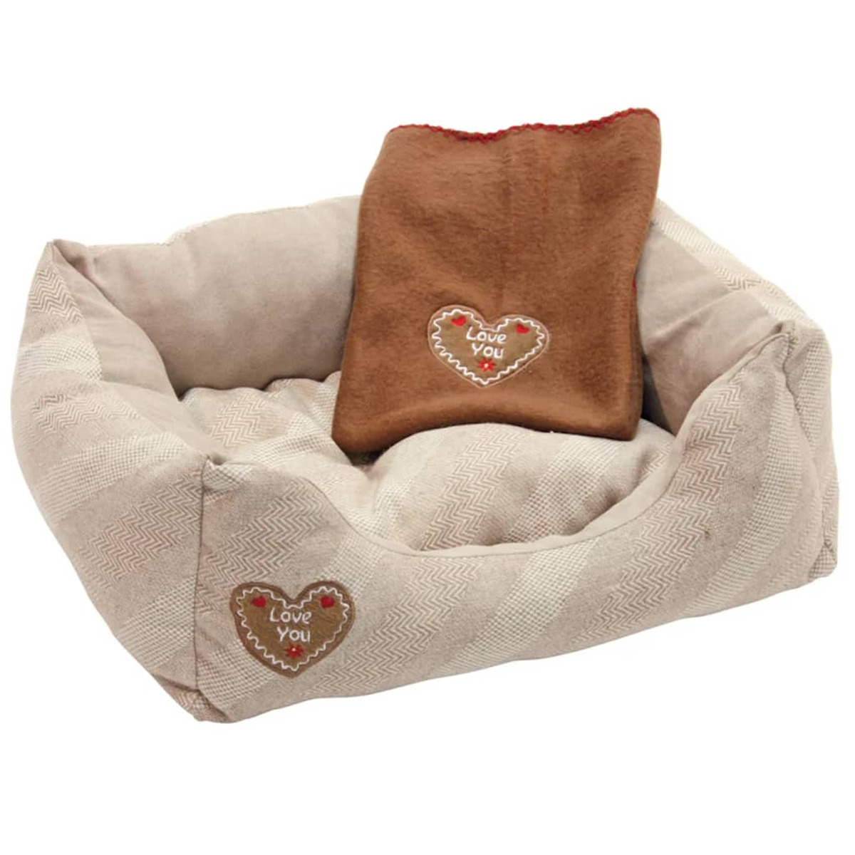 Cuccia beige con un cuscino marrone con la scritta 'Love You'.